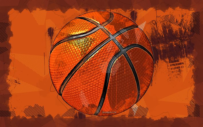 basketball, 4k, grunge kunst, kreativ, orangefarbener grunge hintergrund, basketballkonzepte, abstrakter basketball