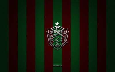 fc juarez logosu, meksika futbol takımı, lig mx, kırmızı yeşil karbon arka plan, fc juarez amblemi, futbol, fc juarez, meksika, fc juarez gümüş metal logosu