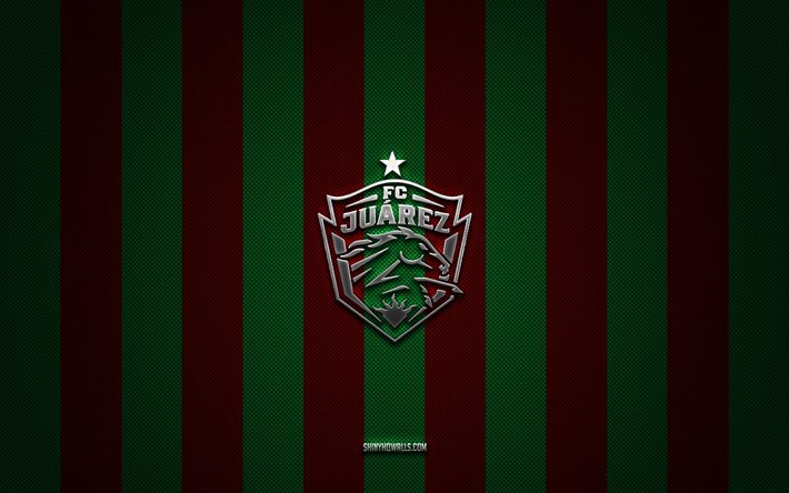 fc juarez logo, mexikanische fußballmannschaft, liga mx, roter grüner kohlenstoffhintergrund, fc juarez emblem, fußball, fc juarez, mexiko, fc juarez silbermetall logo