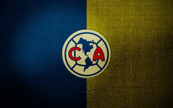 stemma del club america, 4k, sfondo blu tessuto giallo, liga mx, logo del club america, logo sportivo, squadra di calcio messicana, club america, calcio, america fc