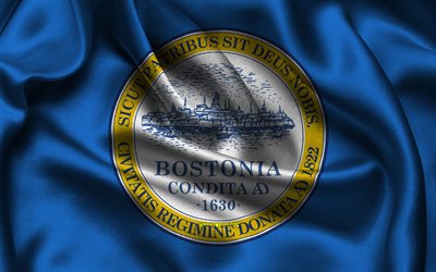 bandeira de boston, 4k, cidades dos eua, bandeiras de cetim, dia de boston, cidades americanas, bandeiras de cetim onduladas, cidades de massachussets, boston, massachusetts, eua