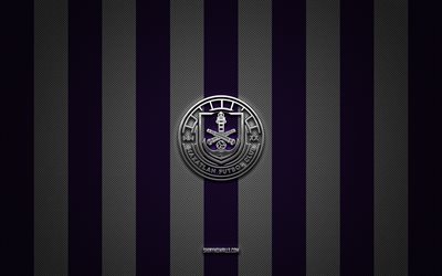 logotipo de mazatlán fc, seleccion mexicana de futbol, liga mx, fondo de carbono blanco púrpura, escudo de mazatlán fc, fútbol, mazatlán fc, méxico, logotipo de metal plateado de mazatlán fc
