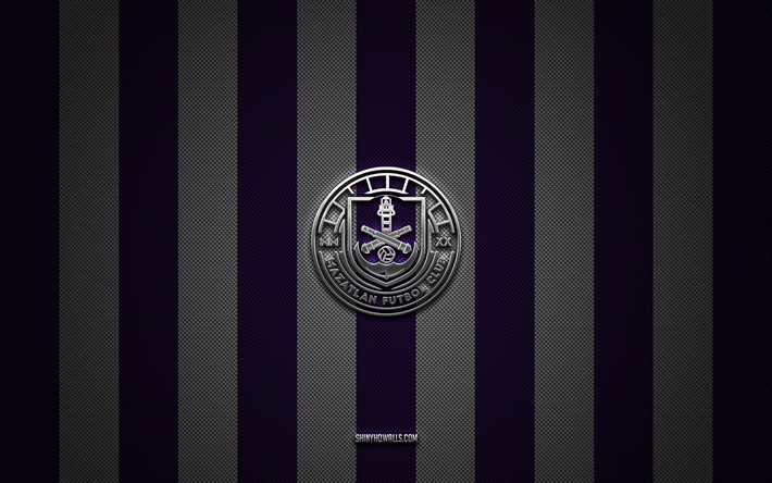 logotipo de mazatlán fc, seleccion mexicana de futbol, liga mx, fondo de carbono blanco púrpura, escudo de mazatlán fc, fútbol, mazatlán fc, méxico, logotipo de metal plateado de mazatlán fc