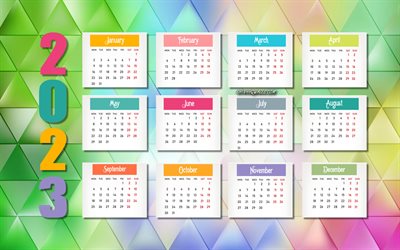 calendrier mosaïque colorée 2023, 4k, tous les mois, calendrier 2023, concepts 2023, fond abstrait coloré, calendrier 2023 tous les mois, art de la mosaïque
