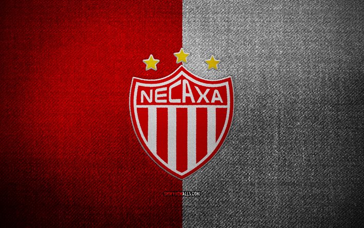 Club Necaxa badge, 4k, red white fabric background, Liga MX, Club Necaxa logo, Club Necaxa emblem, sports logo, mexican football club, Club Necaxa, soccer, football, Necaxa FC