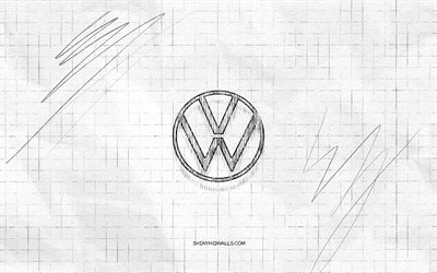 Volkswagen sketch logo, 4K, checkered paper background, Volkswagen black logo, cars brands, logo sketches, Volkswagen logo, pencil drawing, Volkswagen