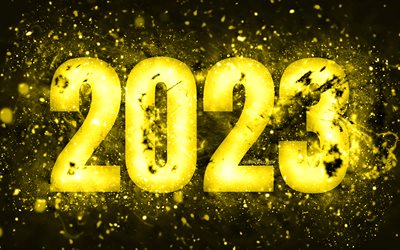 Happy New Year 2023, 4k, yellow neon lights, 2023 concepts, 2023 Happy New Year, neon art, creative, 2023 yellow background, 2023 year, 2023 yellow digits