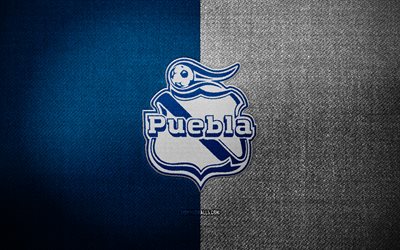 escudo del club puebla, 4k, fondo de tela blanca azul, liga mx, logo club puebla, logotipo deportivo, club de futbol mexicano, club puebla, fútbol, puebla fc
