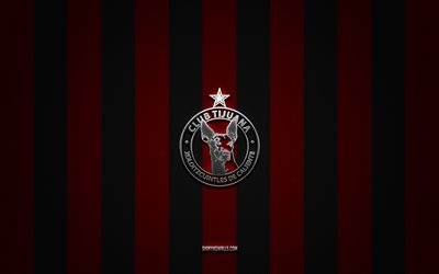 club tijuana logo, mexikanische fußballmannschaft, liga mx, roter schwarzer kohlenstoffhintergrund, club tijuana emblem, fußball, club tijuana, mexiko, club tijuana silbermetall logo