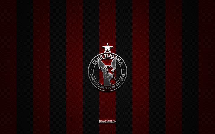 club tijuana logosu, meksika futbol takımı, lig mx, kırmızı siyah karbon arka plan, kulüp tijuana amblemi, futbol, kulüp tijuana, meksika, club tijuana gümüş metal logosu