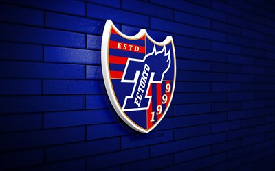 3d logo des fc tokio, 4k, blaue ziegelwand, j1 liga, fußball, japanischer fußballverein, logo des fc tokio, emblem des fc tokio, fc tokio, sport logo, tokio fc