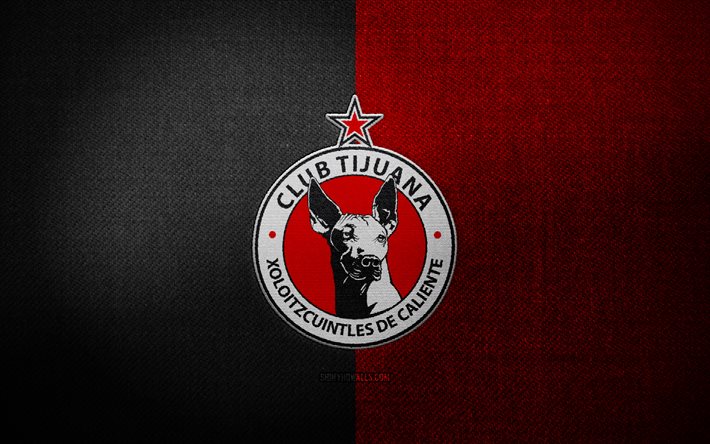 escudo del club tijuana, 4k, fondo de tela negra roja, liga mx, logo club tijuana, logotipo deportivo, club de futbol mexicano, clubtijuana, fútbol, tijuana fc