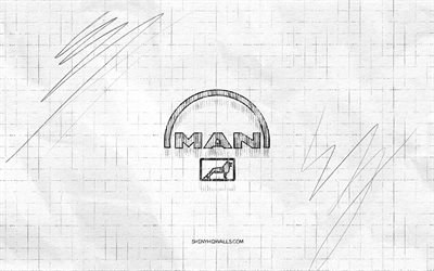 logo de croquis d'homme, 4k, fond de papier à carreaux, logo noir homme, marques, croquis de logos, logo homme, dessin au crayon, homme