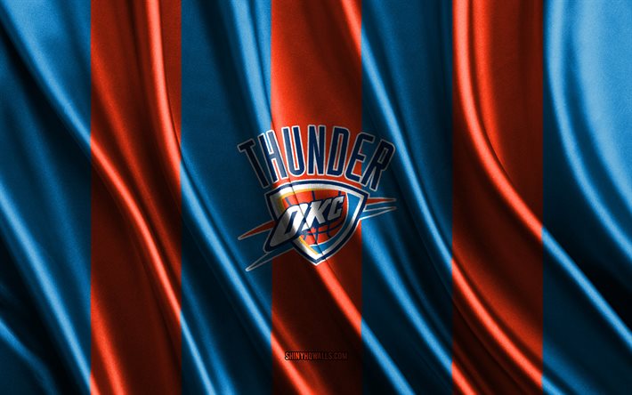 4k, Oklahoma City Thunder, NBA, blue orange silk texture, Oklahoma City Thunder flag, American basketball team, basketball, silk flag, Oklahoma City Thunder emblem, USA, Oklahoma City Thunder badge
