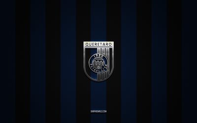 Queretaro FC logo, Mexican football team, Liga MX, blue black carbon background, Queretaro FC emblem, football, Queretaro FC, Mexico, Queretaro FC silver metal logo