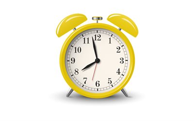 despertador em fundo branco, despertador 3d amarelo, conceitos matinais, despertador, tempo, relógio, despertador 3d, fundo com despertador