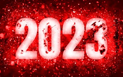 4k, عام جديد سعيد 2023, أضواء النيون الحمراء, 2023 مفاهيم, 2023 سنة جديدة سعيدة, فن النيون, خلاق, 2023 خلفية حمراء, 2023 سنة, 2023 أرقام حمراء
