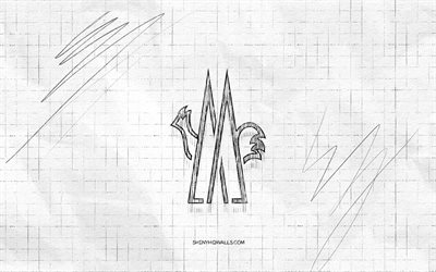 moncler sketch logo, 4k, karierter papierhintergrund, schwarzes moncler logo, marken, logo skizzen, moncler logo, bleistiftzeichnung, moncler