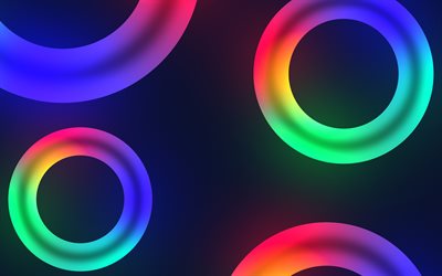 colorful neon rings, 4k, creative, blue backgrounds, colorful circles, rings patterns, background with rings, neon circles