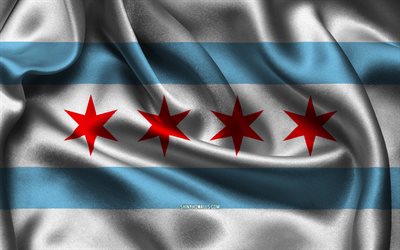 シカゴの旗, 4k, 米国の都市, サテンフラグ, シカゴの日, アメリカの都市, 波状のサテンの旗, イリノイ州の都市, イリノイ州シカゴ, アメリカ合衆国, シカゴ