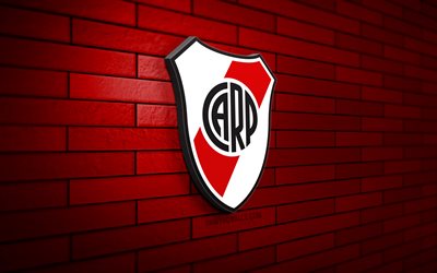 River Plate 3D logo, 4K, red brickwall, Liga Profesional, soccer, argentine football club, River Plate logo, River Plate emblem, Club Atletico River Plate, football, River Plate, sports logo, River Plate FC