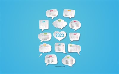 calendário 2023, 4k, infográficos, calendário azul 2023, conceitos de 2023, balões de fala, 2023 calendário de todos os meses, elementos infográficos, fundo azul