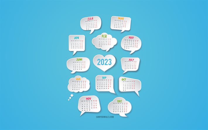 2023年カレンダー, 4k, インフォグラフィック, 2023年ブルーカレンダー, 2023年のコンセプト, 吹き出し, 2023年万年カレンダー, インフォグラフィック要素, カレンダー 2023, 青い背景