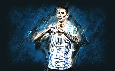 Angel Di Maria, Argentina national football team, goal, portrait, Argentine football player, midfielder, Argentina, blue stone background, football