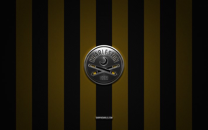 Charleston Battery logo, American soccer club, USL, yellow black carbon background, Charleston Battery emblem, soccer, Charleston Battery, USA, United Soccer League, Charleston Battery silver metal logo