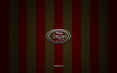 logo dei san francisco 49ers, squadra di hockey americana, nhl, sfondo rosso marrone carbonio, emblema dei san francisco 49ers, hockey, logo in metallo argentato dei san francisco 49ers, san francisco 49ers
