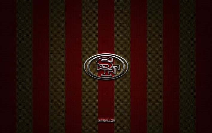 san francisco 49ers logotipo, time de hóquei americano, nhl, vermelho marrom carbono de fundo, san francisco 49ers emblema, hóquei, san francisco 49ers prata logotipo de metal, san francisco 49ers