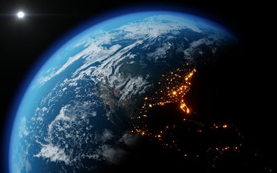 USA view from space, USA city lights, Earth view from space, North America, Earth, day night cycle, daylight cycle, day night transition, USA
