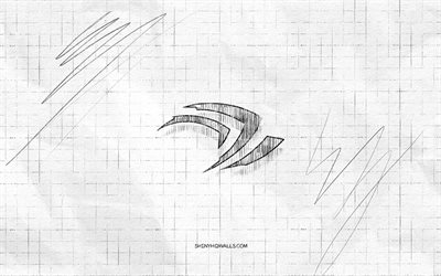 nvidia 스케치 로고, 4k, 체크 무늬 종이 배경, 엔비디아 블랙 로고, 브랜드, 로고 스케치, 엔비디아 로고, 연필 드로잉, 엔비디아
