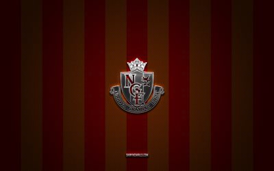 nagoya grampus logosu, japon futbol kulübü, j1 ligi, kırmızı, sarı karbon arka plan, nagoya grampus amblemi, futbol, nagoya grampus, japonya, nagoya grampus gümüş metal logo