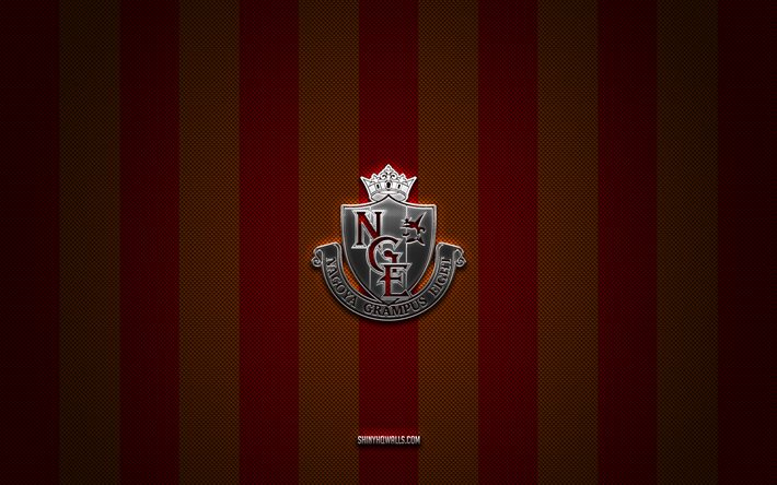 logotipo de nagoya grampus, club de fútbol japonés, liga j1, fondo de carbono amarillo rojo, emblema de nagoya grampus, fútbol, nagoya grampus, japón, logotipo de metal plateado de nagoya grampus
