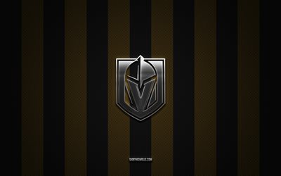vegas golden knights-logo, amerikanisches hockeyteam, nhl, schwarzbrauner kohlenstoffhintergrund, vegas golden knights-emblem, hockey, vegas golden knights-silbermetalllogo, vegas golden knights