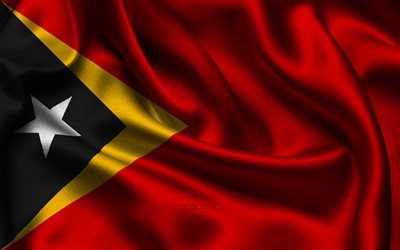 drapeau du timor-leste, 4k, les pays d asie, les drapeaux de satin, le drapeau du timor-leste, le jour du timor-leste, les drapeaux ondulés de satin, les symboles nationaux du timor-leste, l asie, le timor-leste