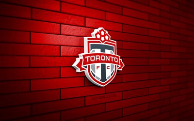 logotipo 3d del toronto fc, 4k, pared de ladrillo rojo, mls, fútbol, club de fútbol canadiense, logotipo del toronto fc, logotipo deportivo, toronto fc