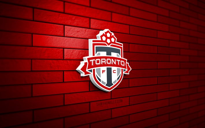 トロント fc の 3d ロゴ, 4k, 赤レンガの壁, mls, サッカー, カナダのサッカークラブ, トロント fc のロゴ, フットボール, スポーツのロゴ, トロントfc