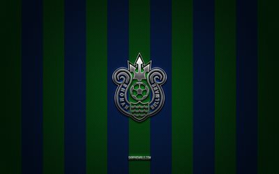 Shonan Bellmare logo, Japanese football club, J1 League, blue green carbon background, Shonan Bellmare emblem, football, Shonan Bellmare, Japan, Shonan Bellmare silver metal logo
