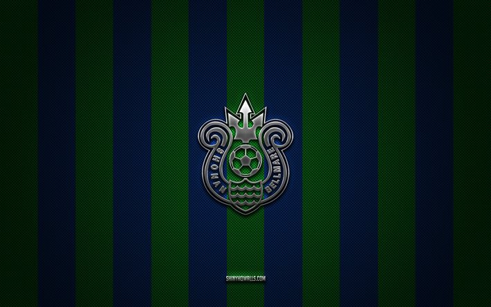 shonan bellmare logosu, japon futbol kulübü, j1 ligi, mavi yeşil karbon arka plan, shonan bellmare amblemi, futbol, shonan bellmare, japonya, shonan bellmare gümüş metal logo