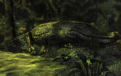 crocodilo, arte, réptil, crocodilo na floresta, 3d crocodilo, animais perigosos, desenhos de crocodilo, crocodilo arte 3d