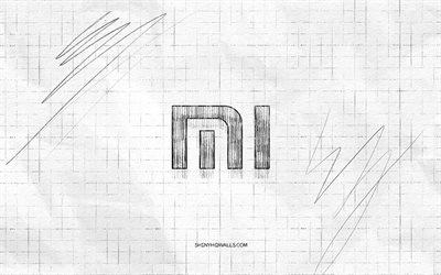 Xiaomi sketch logo, 4K, checkered paper background, Xiaomi black logo, brands, logo sketches, Xiaomi logo, pencil drawing, Xiaomi