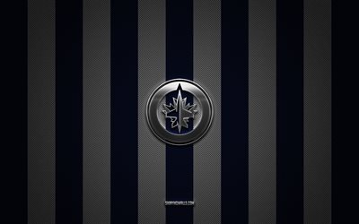 logotipo de winnipeg jets, equipo de hockey canadiense, nhl, fondo de carbono blanco azul, emblema de winnipeg jets, hockey, logotipo de metal plateado de winnipeg jets, winnipeg jets