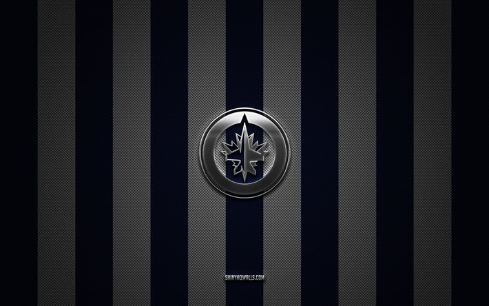 logo des jets de winnipeg, équipe canadienne de hockey, lnh, fond bleu carbone blanc, emblème des jets de winnipeg, hockey, logo en métal argenté des jets de winnipeg, jets de winnipeg