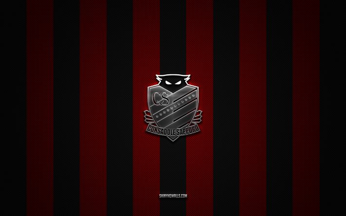 hokkaido consadole sapporo-logo, japanischer fußballverein, j1 league, roter schwarzer karbonhintergrund, hokkaido consadole sapporo-emblem, fußball, hokkaido consadole sapporo, japan, hokkaido consadole sapporo-silbermetalllogo