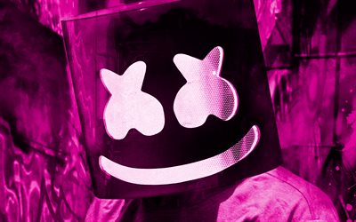 DJ Marshmello, 4k, grunge art, Christopher Comstock, purple grunge backgrounds, superstars, purple Marshmello, american DJ, Marshmello, Marshmello Mask, DJs, Abstract Marshmello, music stars, Marshmello 4K