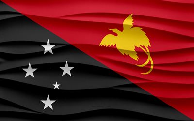4k, Flag of Papua New Guinea, 3d waves plaster background, Papua New Guinea flag, 3d waves texture, Papua New Guinea national symbols, Day of Papua New Guinea, Oceania countries, Papua New Guinea, Oceania