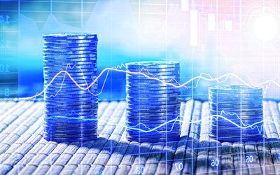 stacks of coins, 4k, deposit growth, money growth, finance, blue money background, deposit, graph from stacks of coins, money concepts, financial exchanges