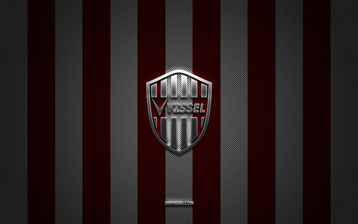 Vissel Kobe logo, Japanese football club, J1 League, burgundy white carbon background, Vissel Kobe emblem, football, Vissel Kobe, Japan, Vissel Kobe silver metal logo